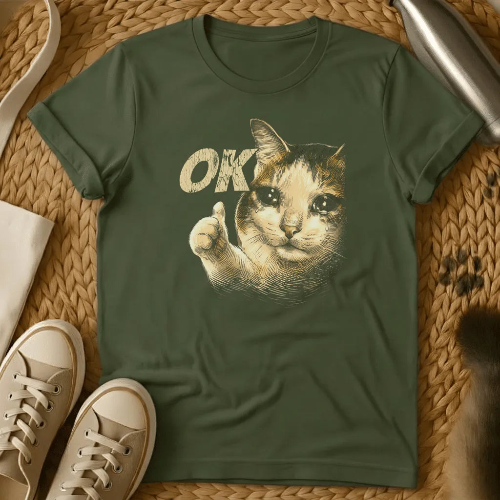 Military Green - Dark heather t-shirt with a Victorian engraving of a crying cat giving a thumbs-up next to the word OK