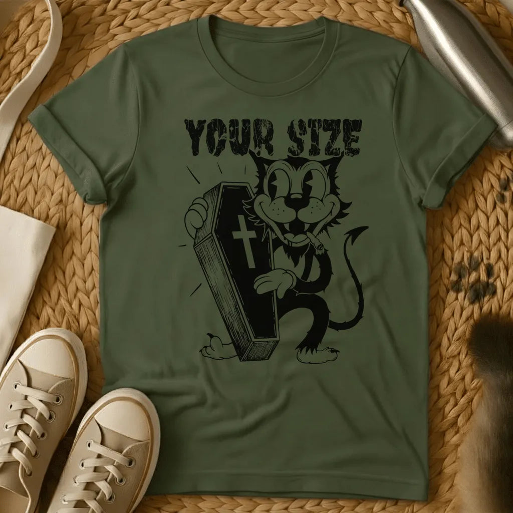 Military Green - Navy blue t-shirt with white graphic of cartoon cat holding coffin with cross, text reads "YOUR SIZE" in distressed font style