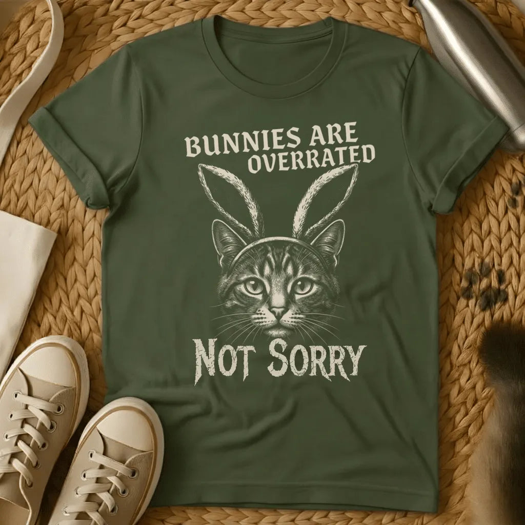 Military Green - Forest green t-shirt with a stern engraved tabby cat wearing bunny ears and gothic text reading Bunnies Are Overrated Not Sorry