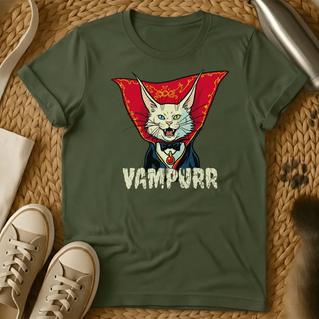 Military Green - Dark gray t-shirt featuring a vampire cat illustration with red cape, blue eyes, and fangs, with "VAMPURR" text below.
