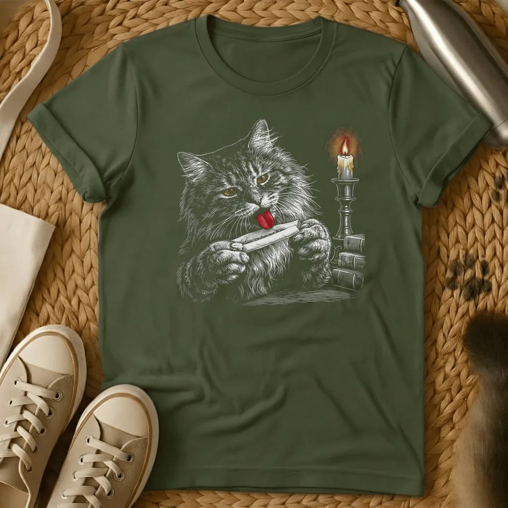 Military Green - Dark heather t-shirt with engraved fluffy cat licking a rolled joint held in both paws beside a lit candlestick and stack of books