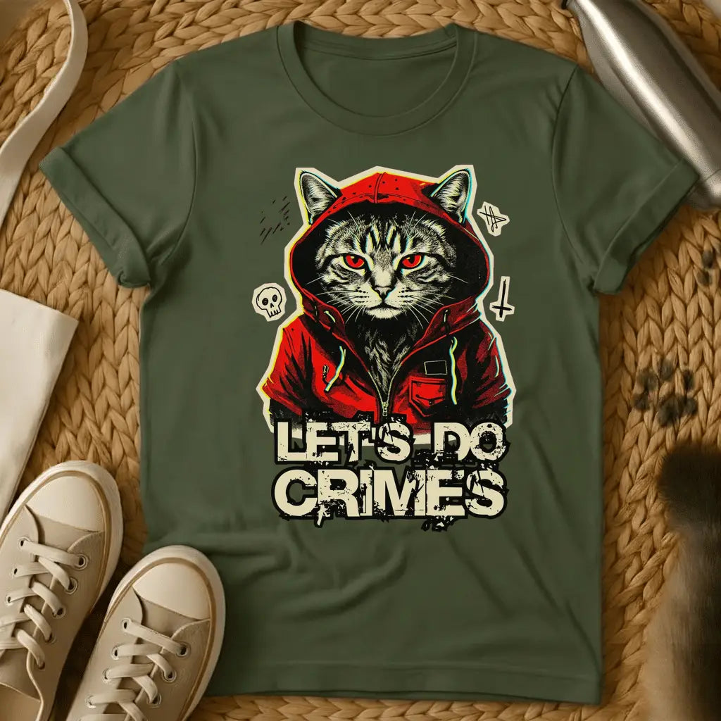 Military Green - White t-shirt with a menacing hooded gray tabby cat with red eyes wearing a red hoodie above the words Let's Do Crimes