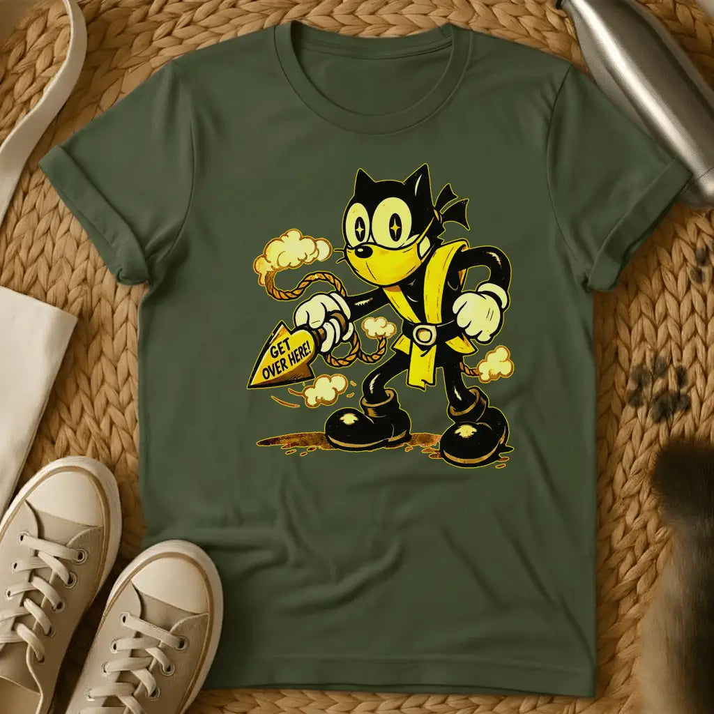 Military Green - Green t-shirt with a retro rubber-hose cartoon cat in ninja gear throwing a rope spear reading Get Over Here surrounded by smoke clouds