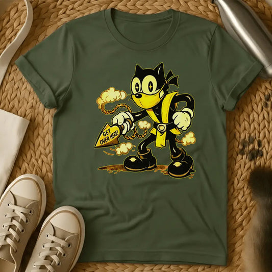 Military Green - Green t-shirt with a retro rubber-hose cartoon cat in ninja gear throwing a rope spear reading Get Over Here surrounded by smoke clouds