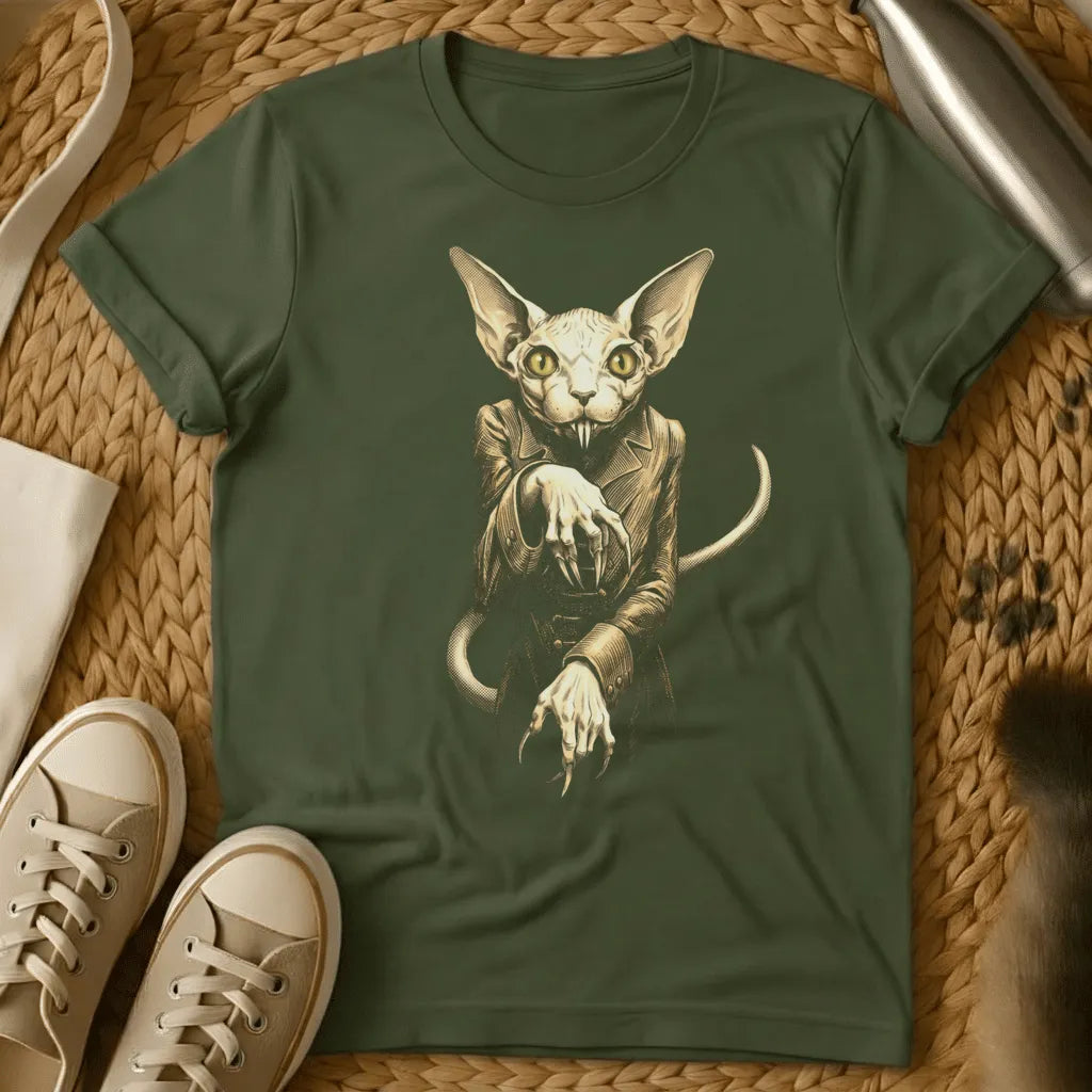 Military Green - Dark gray t-shirt with tan and cream illustration of a hairless Sphynx cat wearing clothes, displayed flat on woven background with sneakers