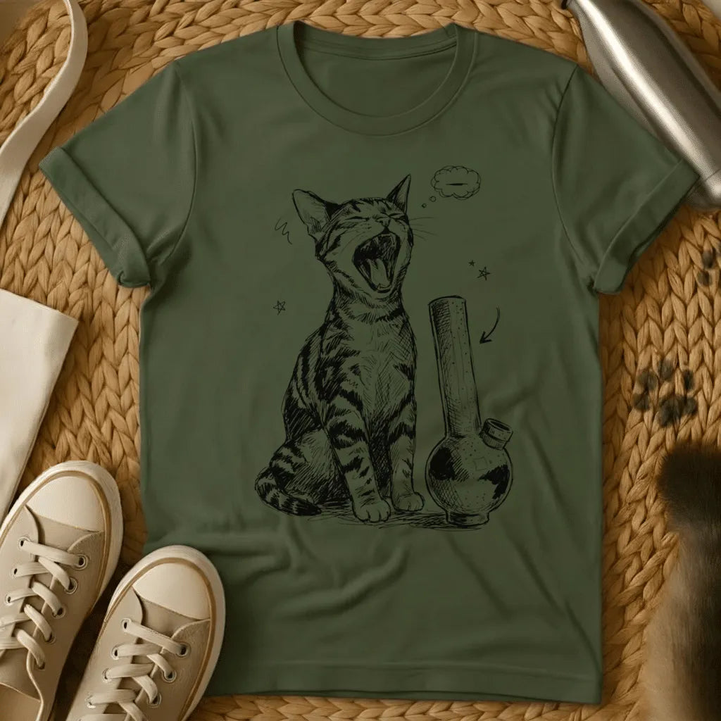 Military Green - Military green t-shirt with black ink sketch of a yawning tabby cat sitting next to a bong with stars and empty thought bubble