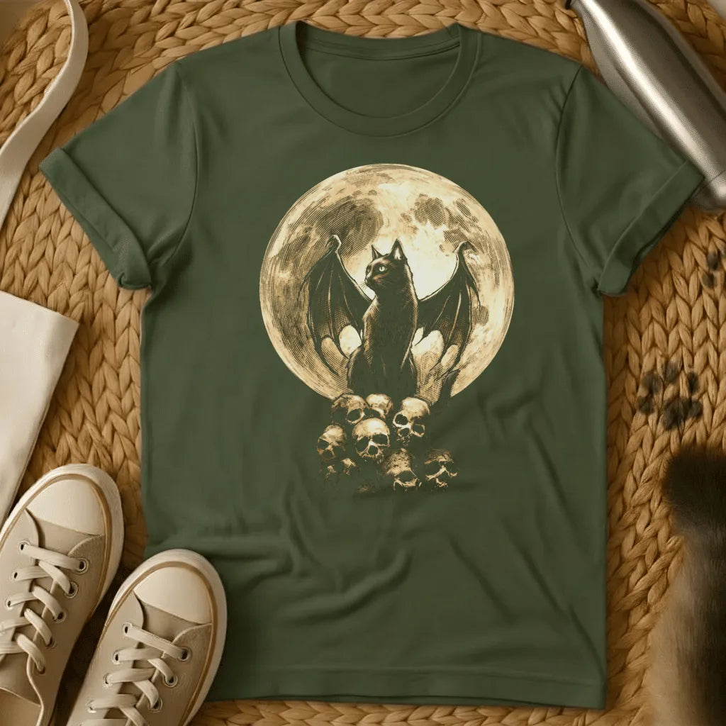 Military Green - Dark gray t-shirt with gothic bat illustration perched on skulls against a full moon backdrop, printed in cream and black tones