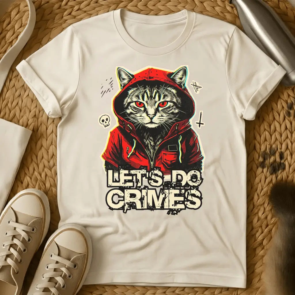 Natural - White t-shirt with a menacing hooded gray tabby cat with red eyes wearing a red hoodie above the words Let's Do Crimes