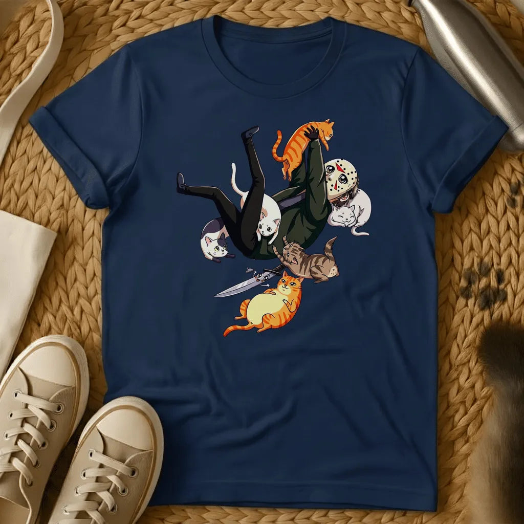 Navy - Olive green t-shirt with anime art of a masked slasher falling backward surrounded by five cats, one holding a machete