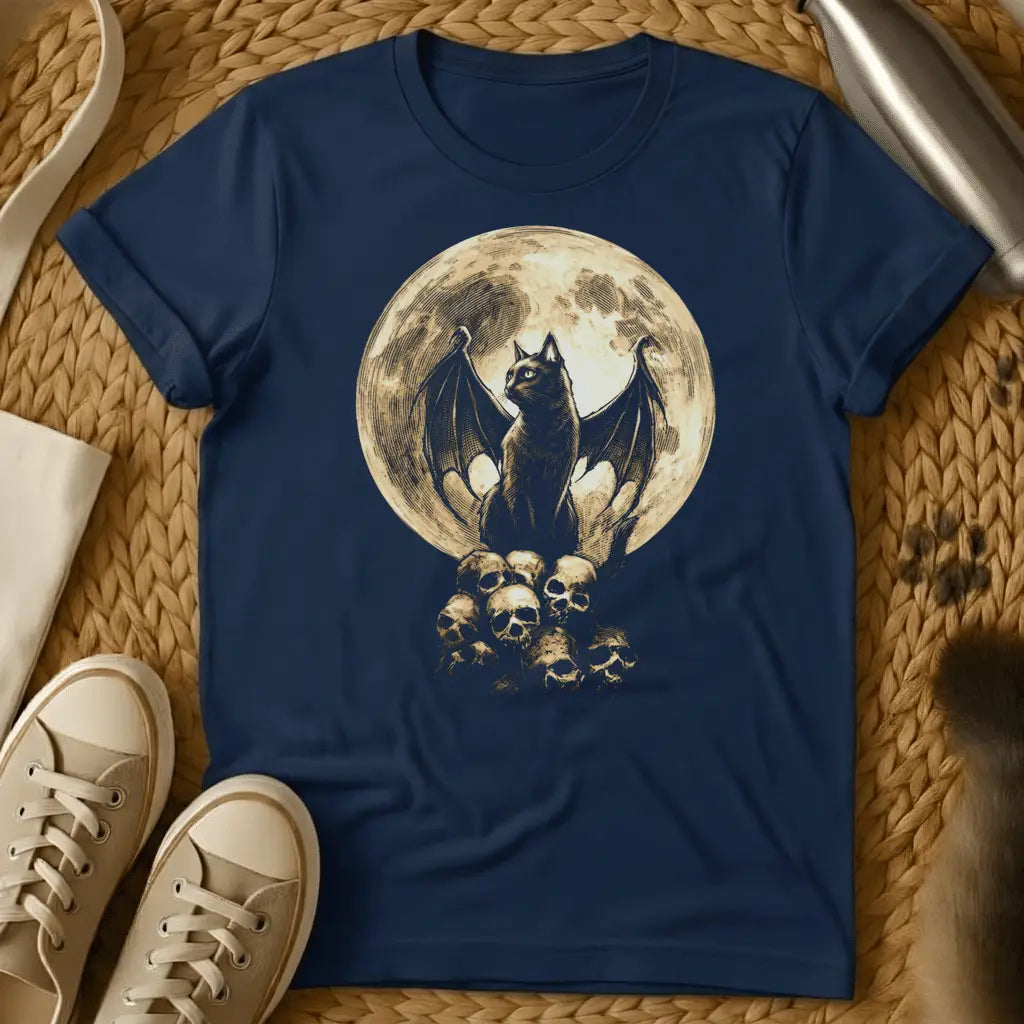 Navy - Dark gray t-shirt with gothic bat illustration perched on skulls against a full moon backdrop, printed in cream and black tones
