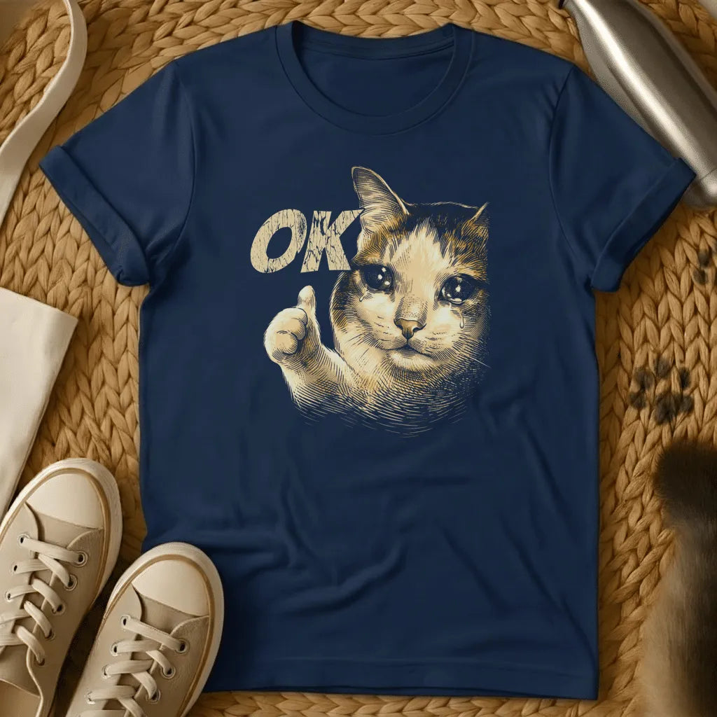 Navy - Dark heather t-shirt with a Victorian engraving of a crying cat giving a thumbs-up next to the word OK