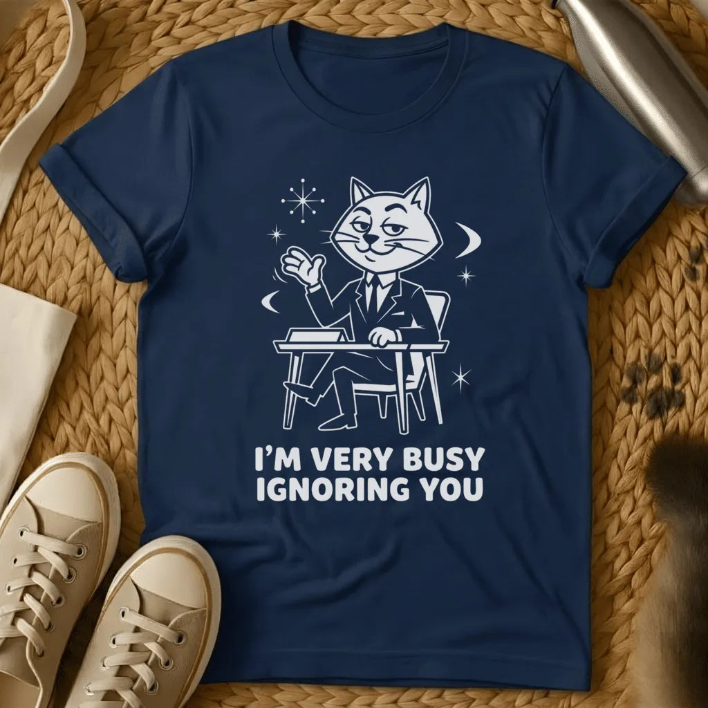 Navy - Black t-shirt with vintage cartoon cat at desk design and text reading "I'm Very Busy Ignoring You