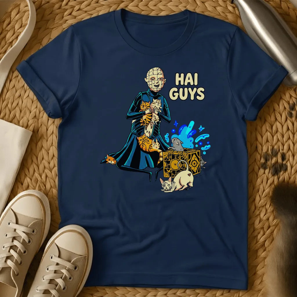 Navy - Olive green t-shirt featuring an illustrated character holding cats with magical effects and "HAI GUYS" text in anime style.