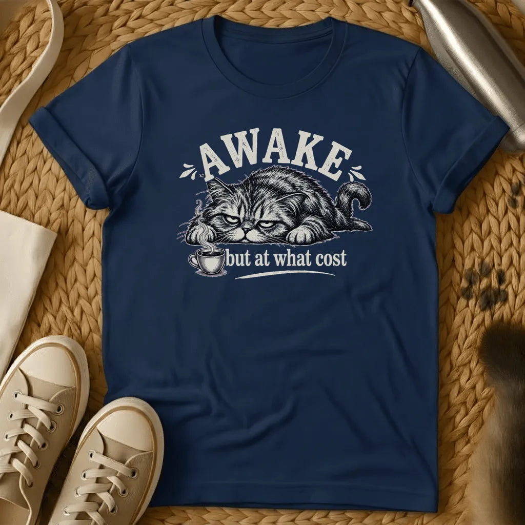 Navy - Navy t-shirt with a grumpy lounging cat and coffee cup illustration reading Awake But At What Cost in vintage engraving style