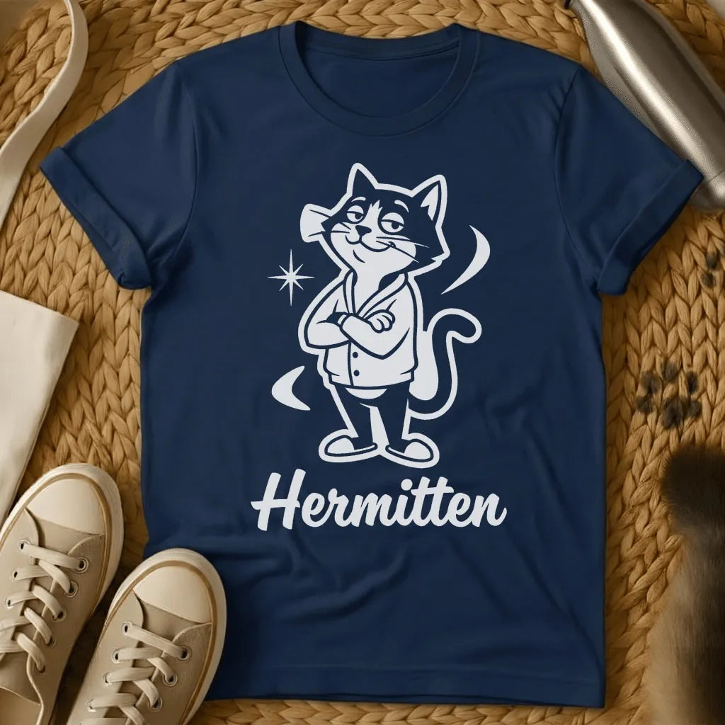 Navy - Black t-shirt with retro cartoon smug cat in button-up shirt, arms crossed, tail curled, sparkle accent, script text Hermitten below