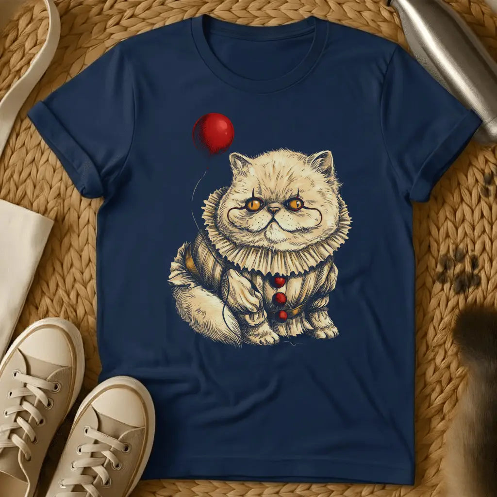 Navy - Fluffy white cat with golden eyes wearing a collar, with a red balloon above, on dark brown t-shirt