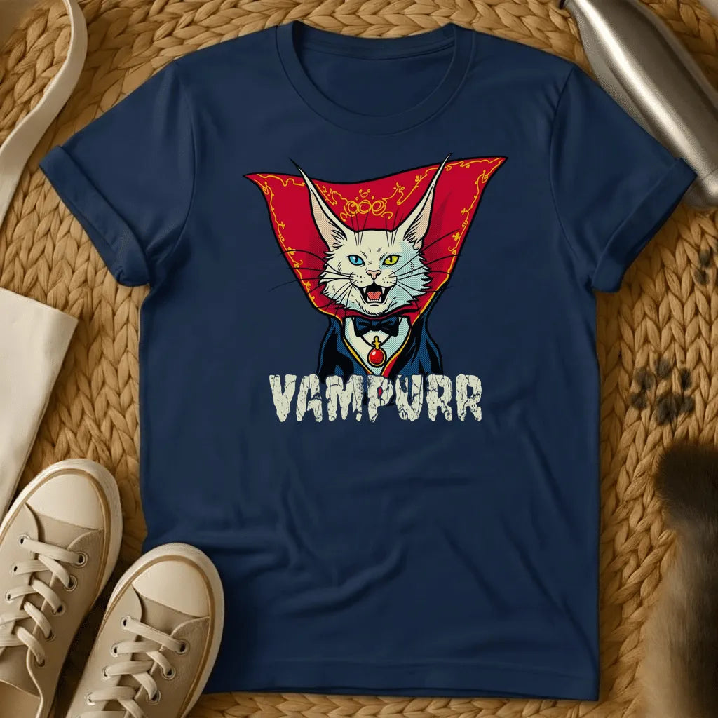 Navy - Dark gray t-shirt featuring a vampire cat illustration with red cape, blue eyes, and fangs, with "VAMPURR" text below.