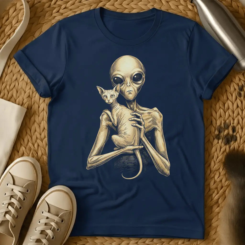 Navy - Dark gray t-shirt with sepia engraving of a gray alien holding a hairless Sphynx cat against its chest