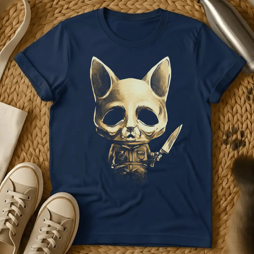 Navy - Dark grey t-shirt with a golden engraving of a skeletal cat skull in a utility jacket holding a large knife