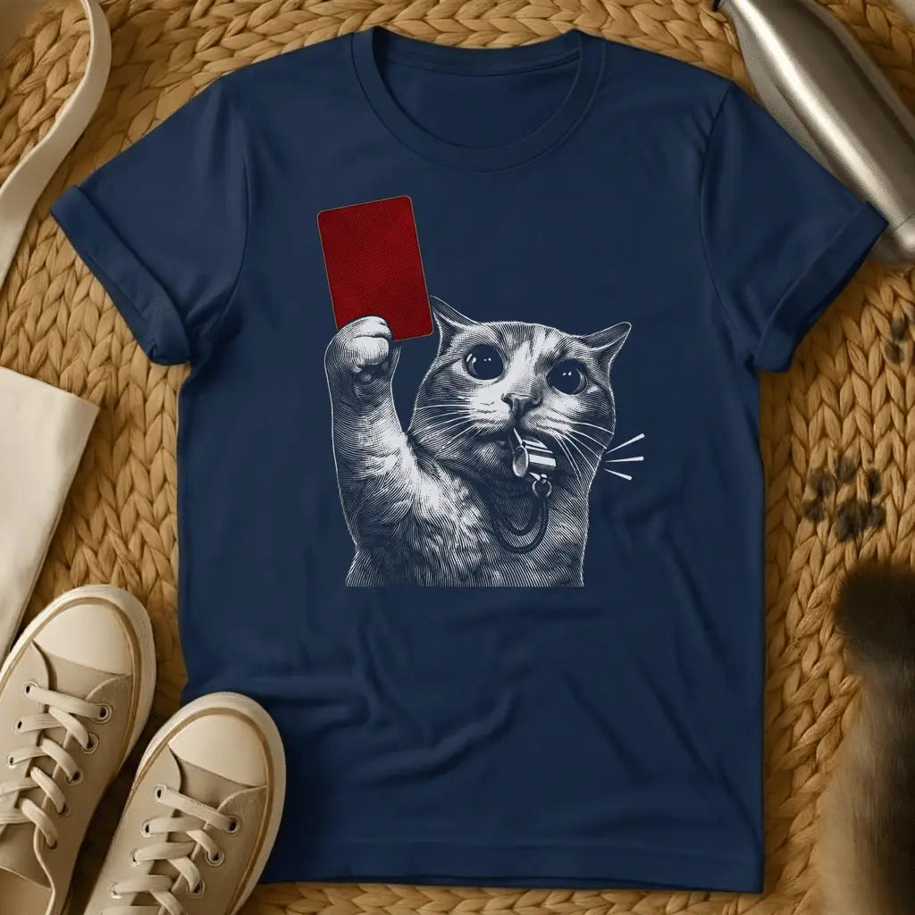 Navy - Dark heather t-shirt with an engraving-style cat blowing a whistle and holding up a red card like a soccer referee