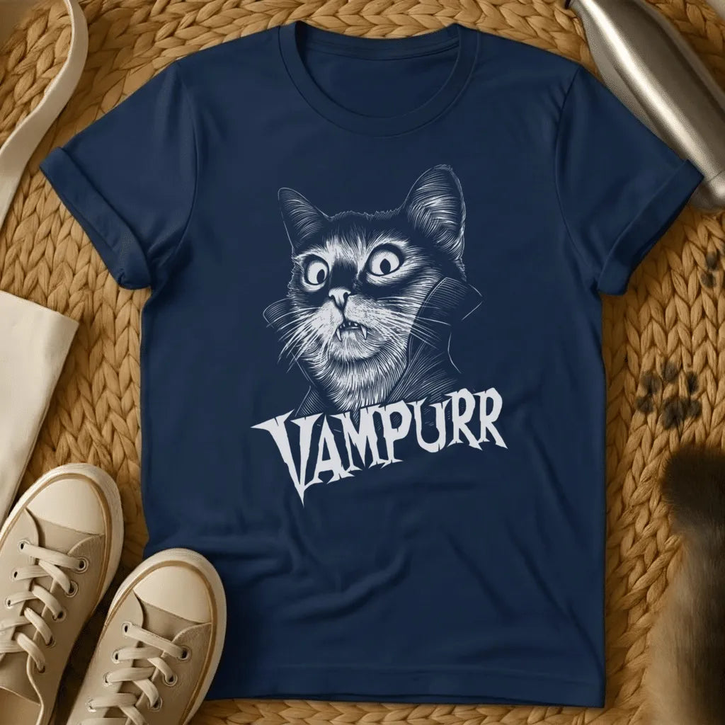 Navy - Gray t-shirt with black ink engraving of a wide-eyed fanged cat in a vampire cape collar above the text VAMPURR