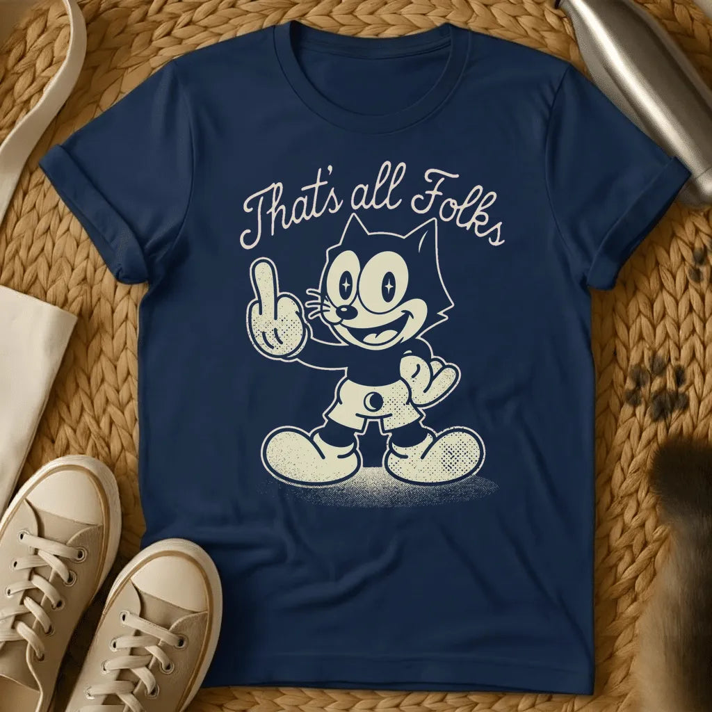 Navy - Gray t-shirt with a vintage rubber-hose cartoon cat giving the middle finger under the script text That's all Folks