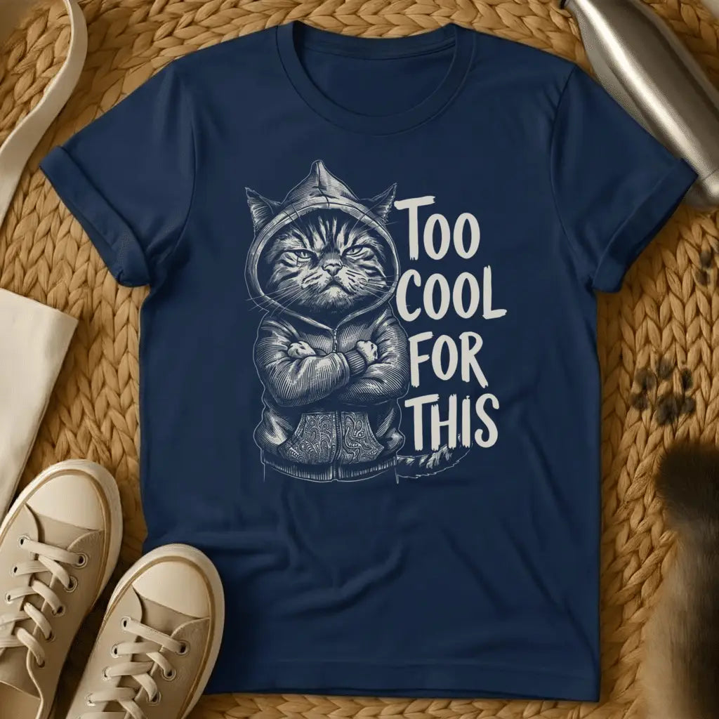 Navy - Dark grey t-shirt with a sketch of a grumpy hooded cat arms crossed beside text reading Too Cool For This