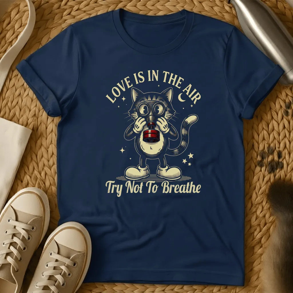 Navy - Dark heather t-shirt with a vintage cartoon cat wearing a gas mask and goggles, stars and crescent moon, retro anti-Valentine design