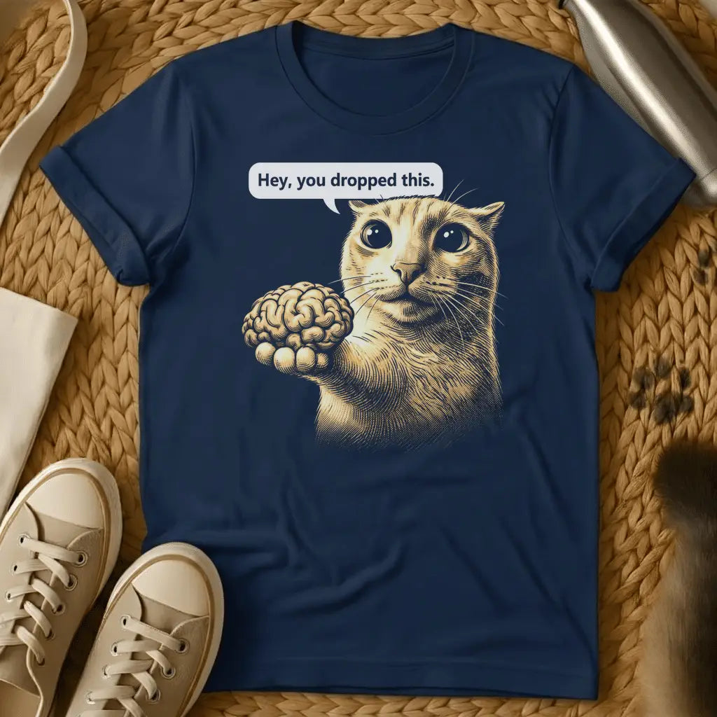 Navy - Dark heather grey t-shirt with a vintage engraving-style cat holding a human brain with the caption Hey you dropped this