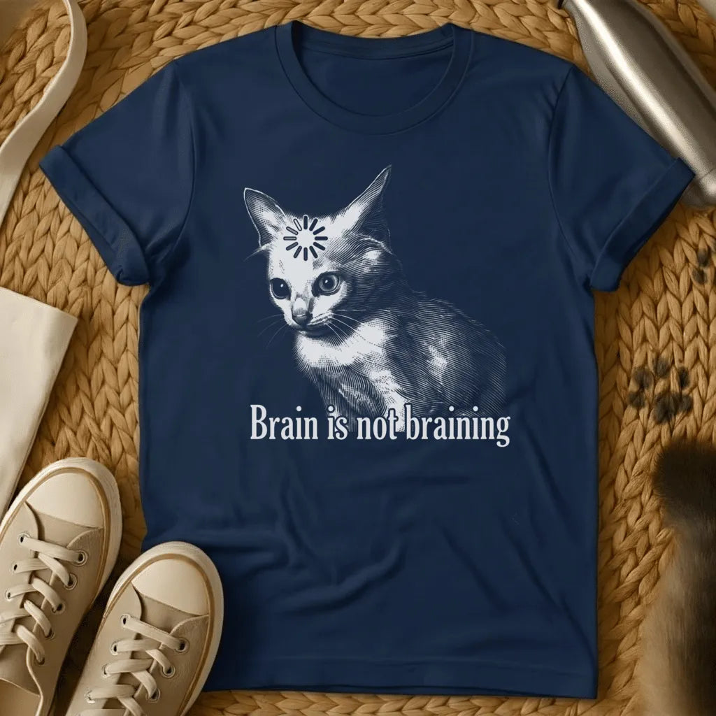 Navy - Dark heather grey t-shirt with vintage engraving cat featuring a loading spinner on its forehead and text Brain is not braining