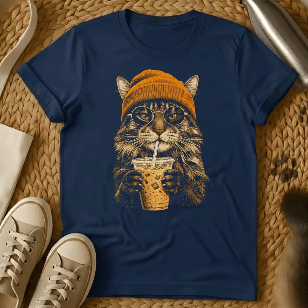 Navy - Dark gray t-shirt with sepia illustration of a fluffy cat in an orange beanie and round glasses sipping iced coffee through a straw
