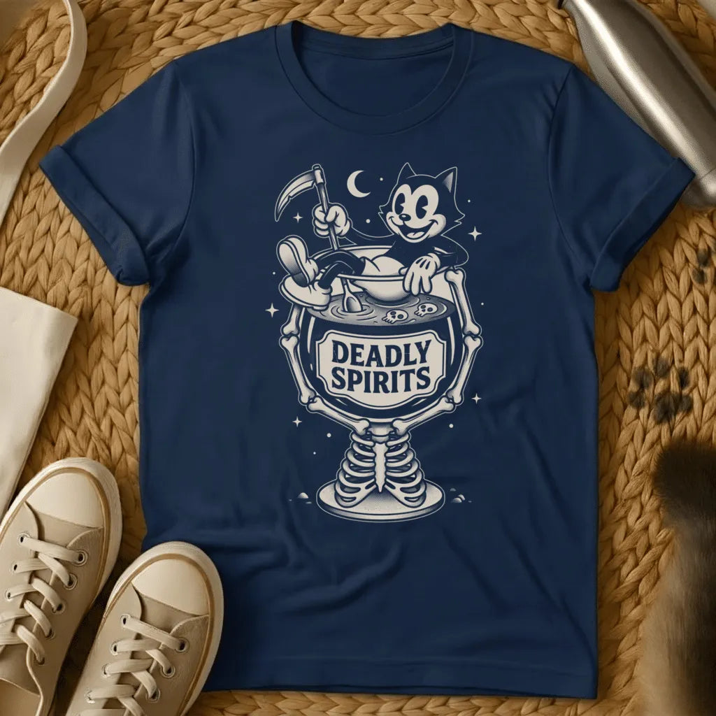 Navy - Dark heather t-shirt with vintage cartoon cat in a skeleton goblet holding a scythe labeled Deadly Spirits retro Halloween design