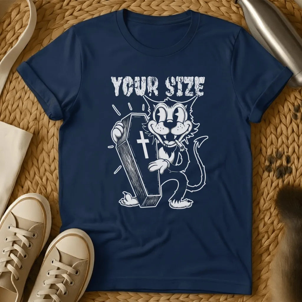 Navy - Navy blue t-shirt with white graphic of cartoon cat holding coffin with cross, text reads "YOUR SIZE" in distressed font style