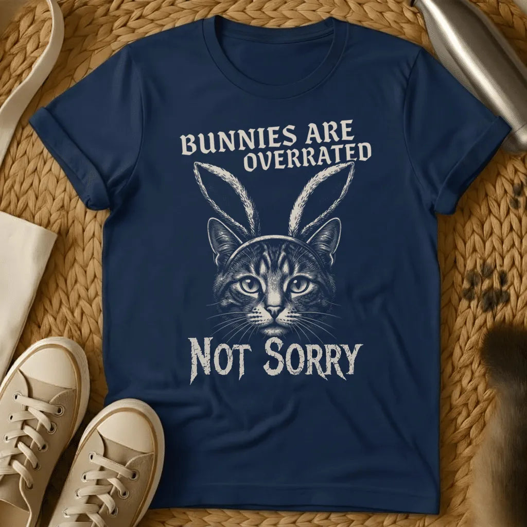 Navy - Forest green t-shirt with a stern engraved tabby cat wearing bunny ears and gothic text reading Bunnies Are Overrated Not Sorry