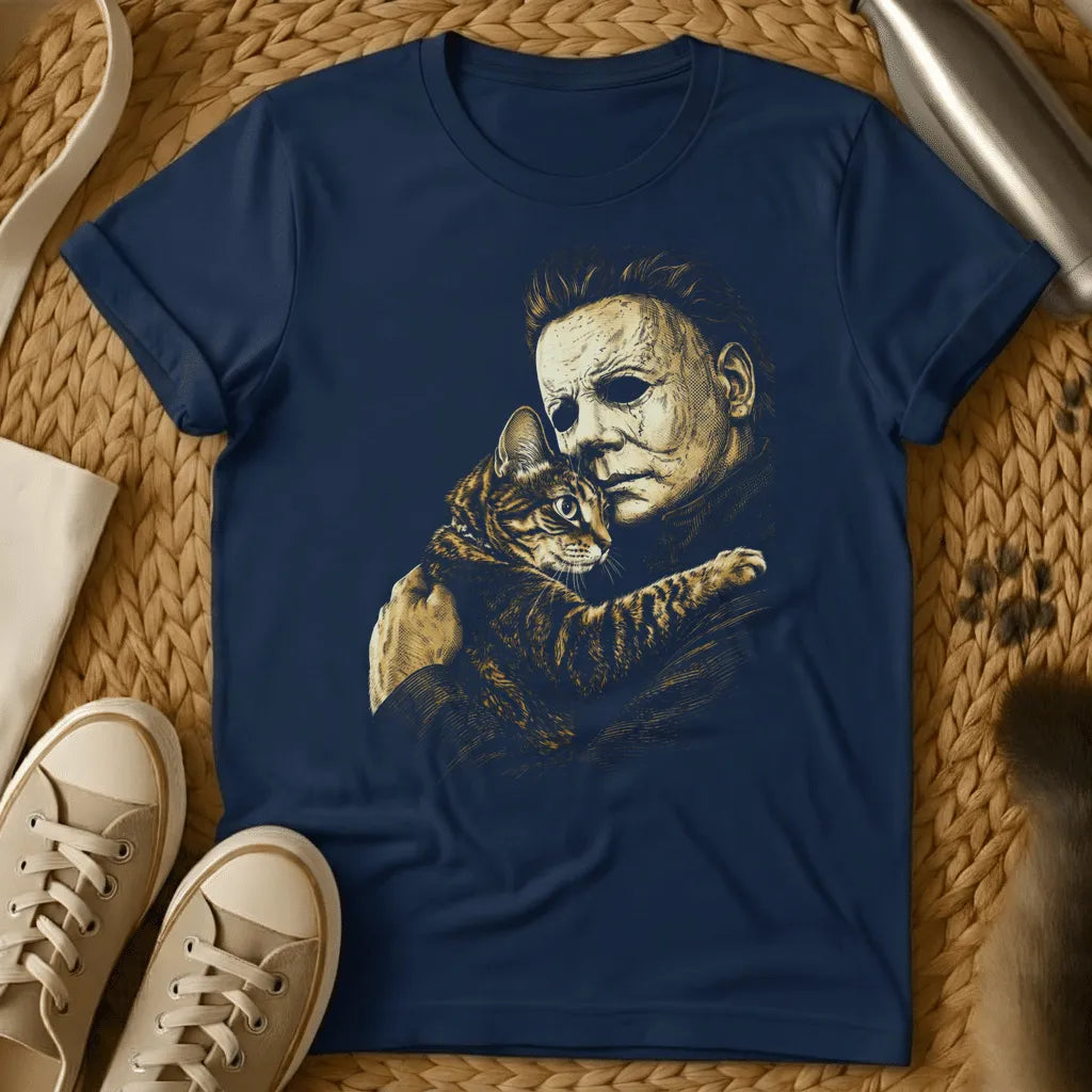 Navy - Dark heather t-shirt with sepia etching of a blank-masked scarred figure tenderly cuddling a striped tabby kitten