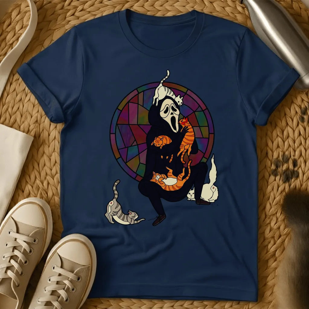 Navy - Ghost character with orange striped cats on sage green t-shirt, stained glass background design