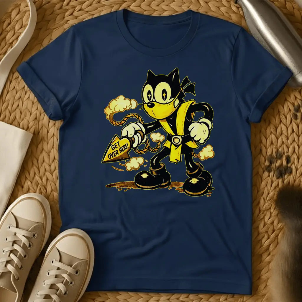Navy - Green t-shirt with a retro rubber-hose cartoon cat in ninja gear throwing a rope spear reading Get Over Here surrounded by smoke clouds