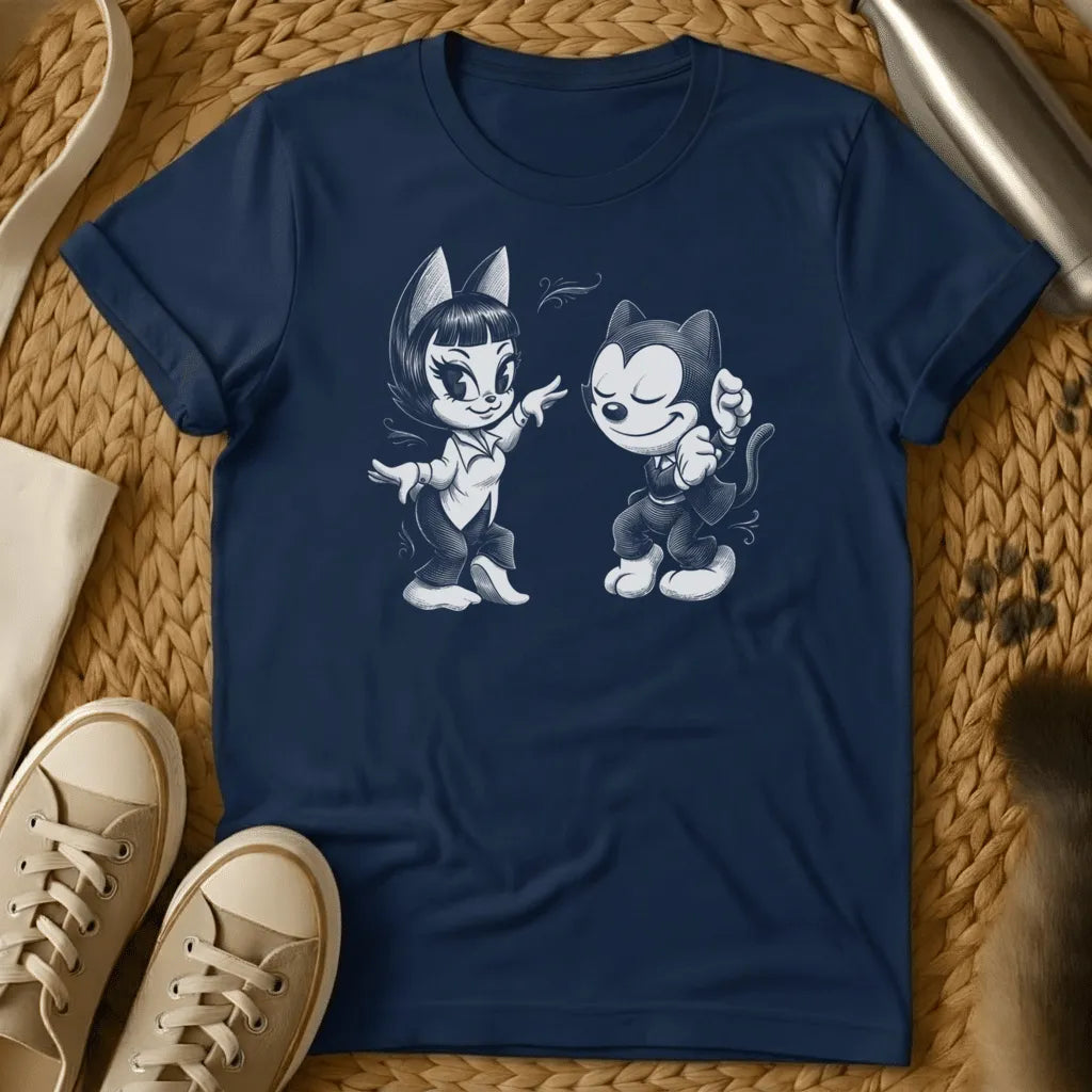 Navy - Dark grey t-shirt with a black-and-white pencil sketch of two dancing anthropomorphic cats in vintage 1930s cartoon style