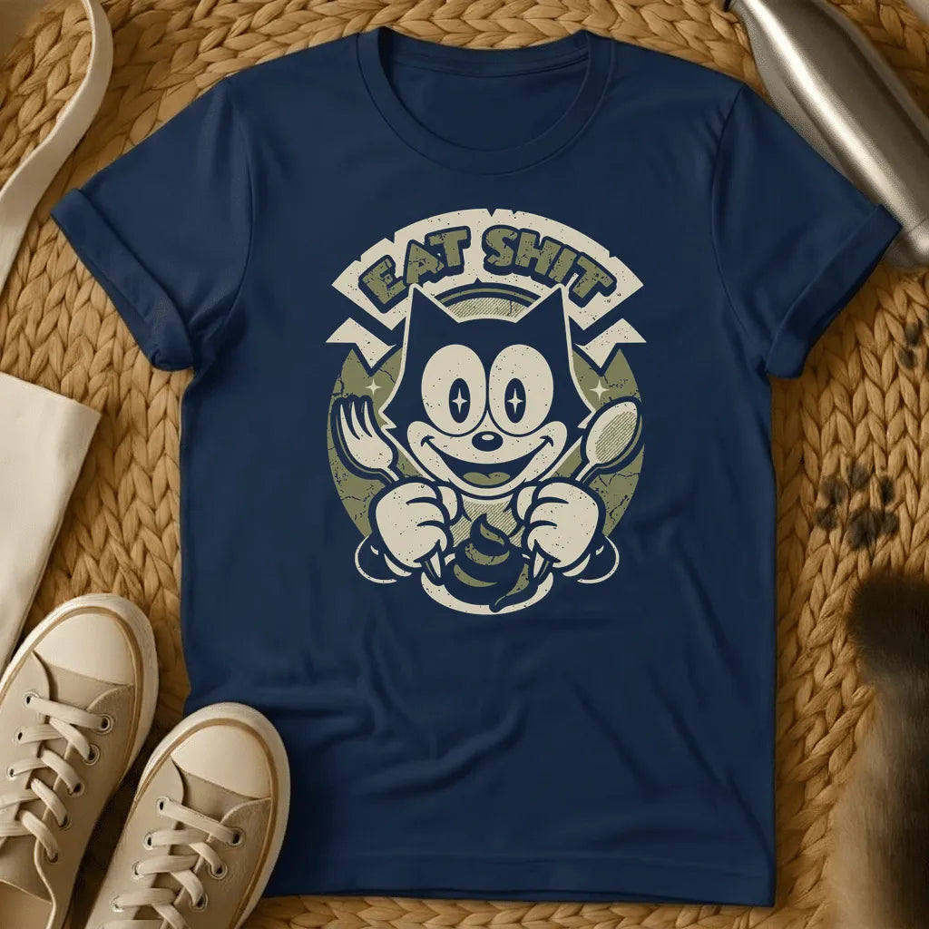 Navy - Dark grey t-shirt with a retro cartoon cat holding fork and spoon over a poop emoji with text reading Eat Shit in a vintage badge design
