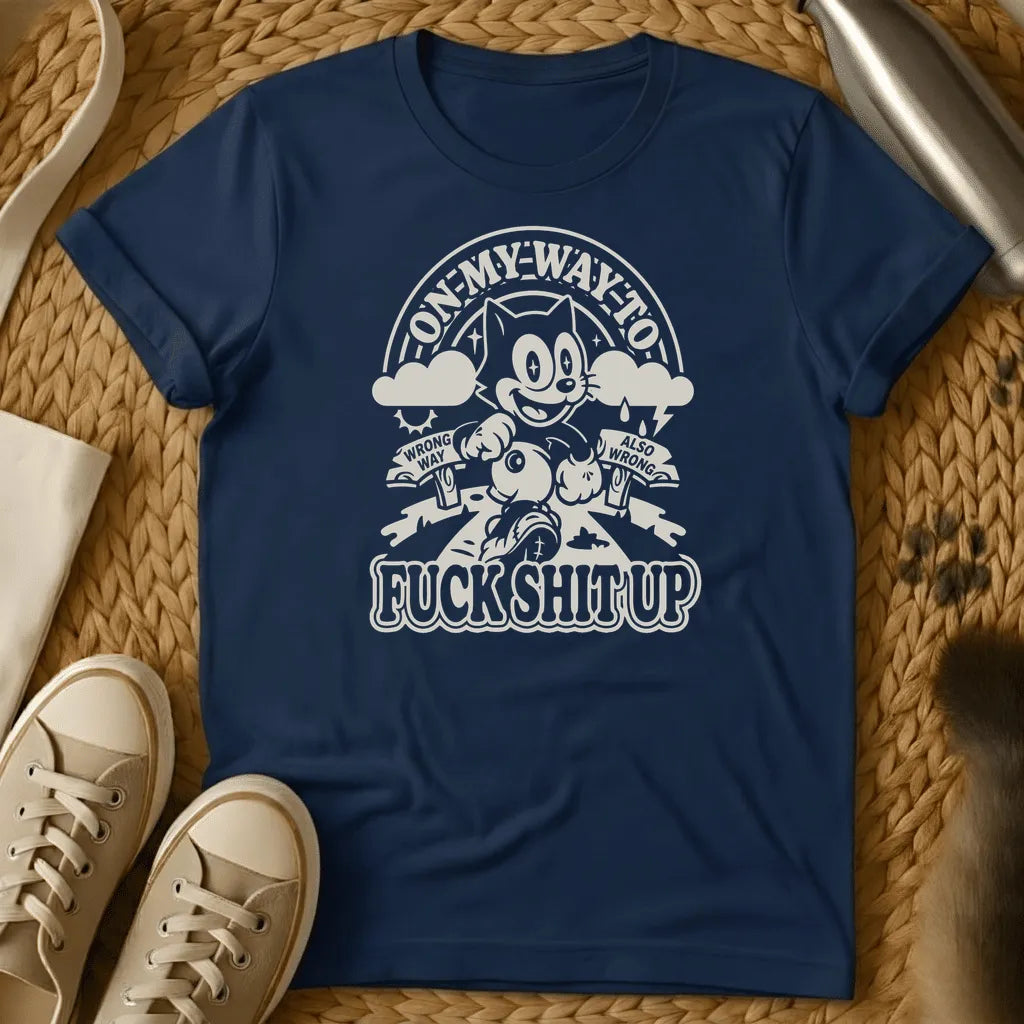 Navy - Military green t-shirt with retro cartoon cat running on a forked road past Wrong Way and Also Wrong signs under a rainbow
