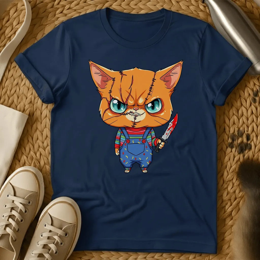 Navy - Olive green t-shirt with a chibi scarred orange tabby cat in striped shirt and overalls holding a bloody knife