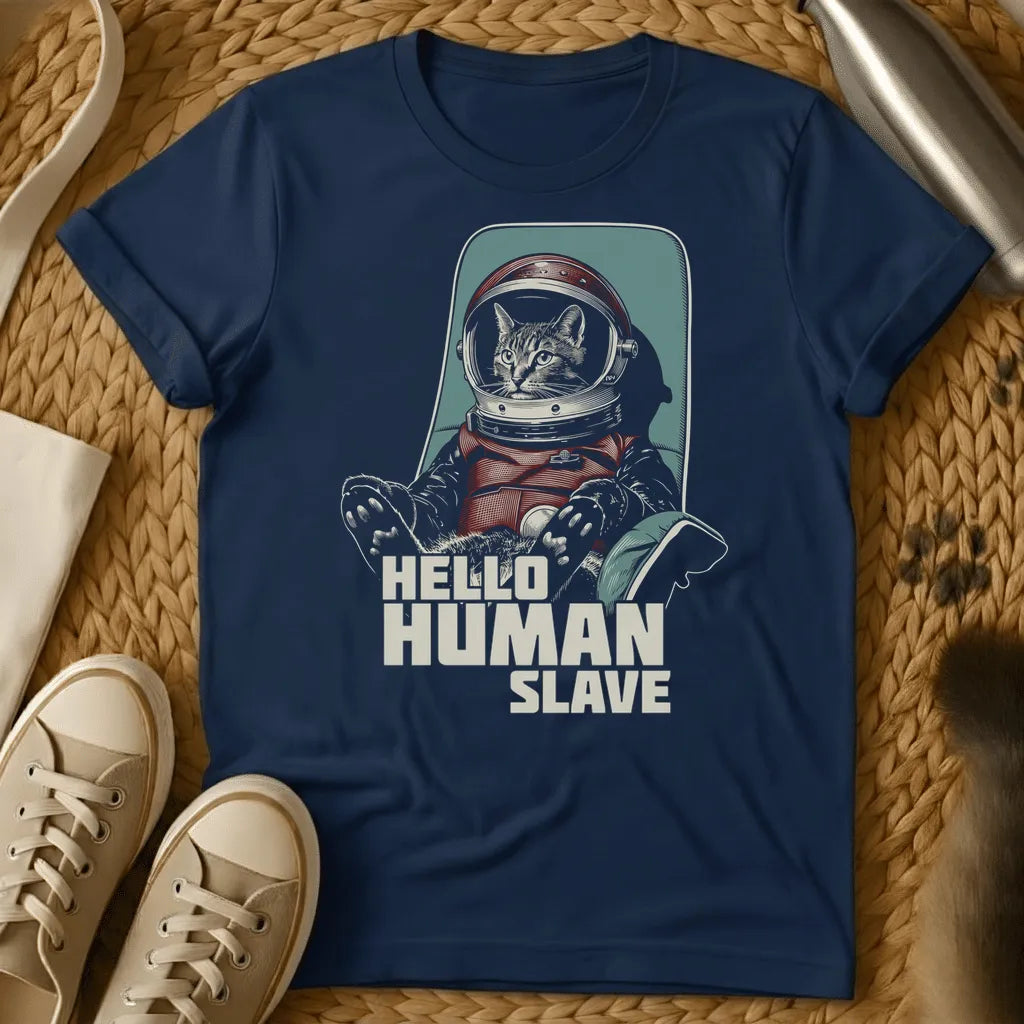 Navy - Dark gray t-shirt with a retro illustrated tabby cat in a red astronaut spacesuit and helmet with text Hello Human Slave