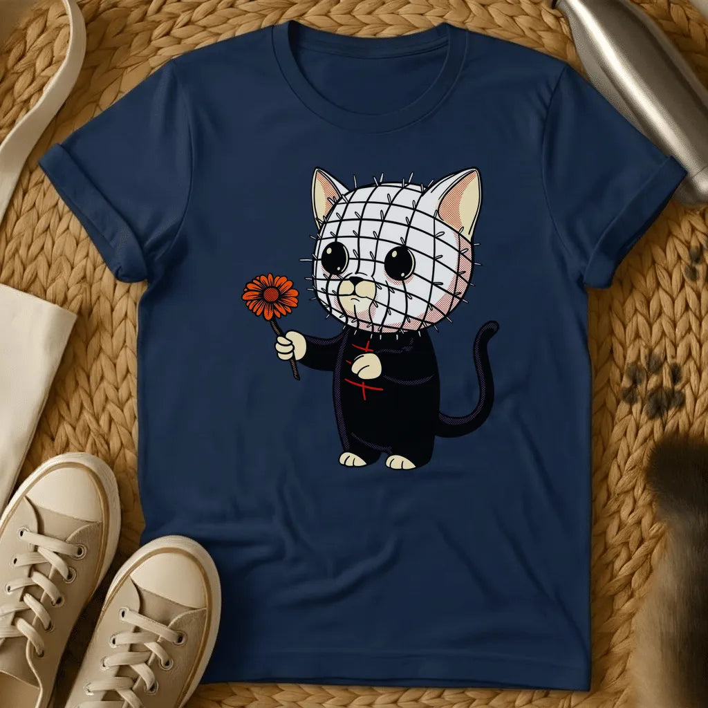 Navy - Kawaii chibi cat with pin-grid face and dark robe holding an orange daisy flower, horror humor graphic on a dark grey t-shirt