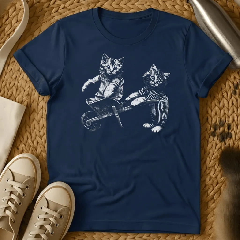 Navy - Dark heather grey t-shirt with black and white vintage illustration of two suited kittens with a small wheelbarrow
