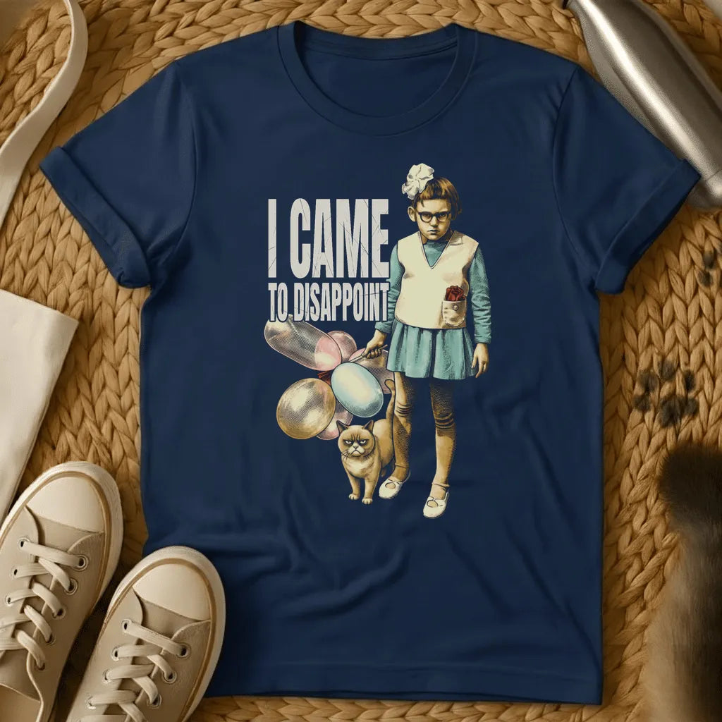 Navy - Dark gray t-shirt with vintage-style illustration of a girl holding tennis rackets and a grumpy cat, text reading "I CAME TO DISAPPOINT