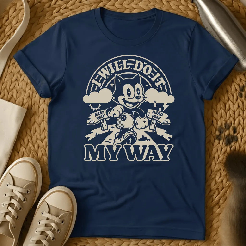 Navy - Navy t-shirt with vintage rubber-hose cartoon cat striding forward holding a bag, flanked by Easy Way and Hard Way banners, text reads I Will Do It My
