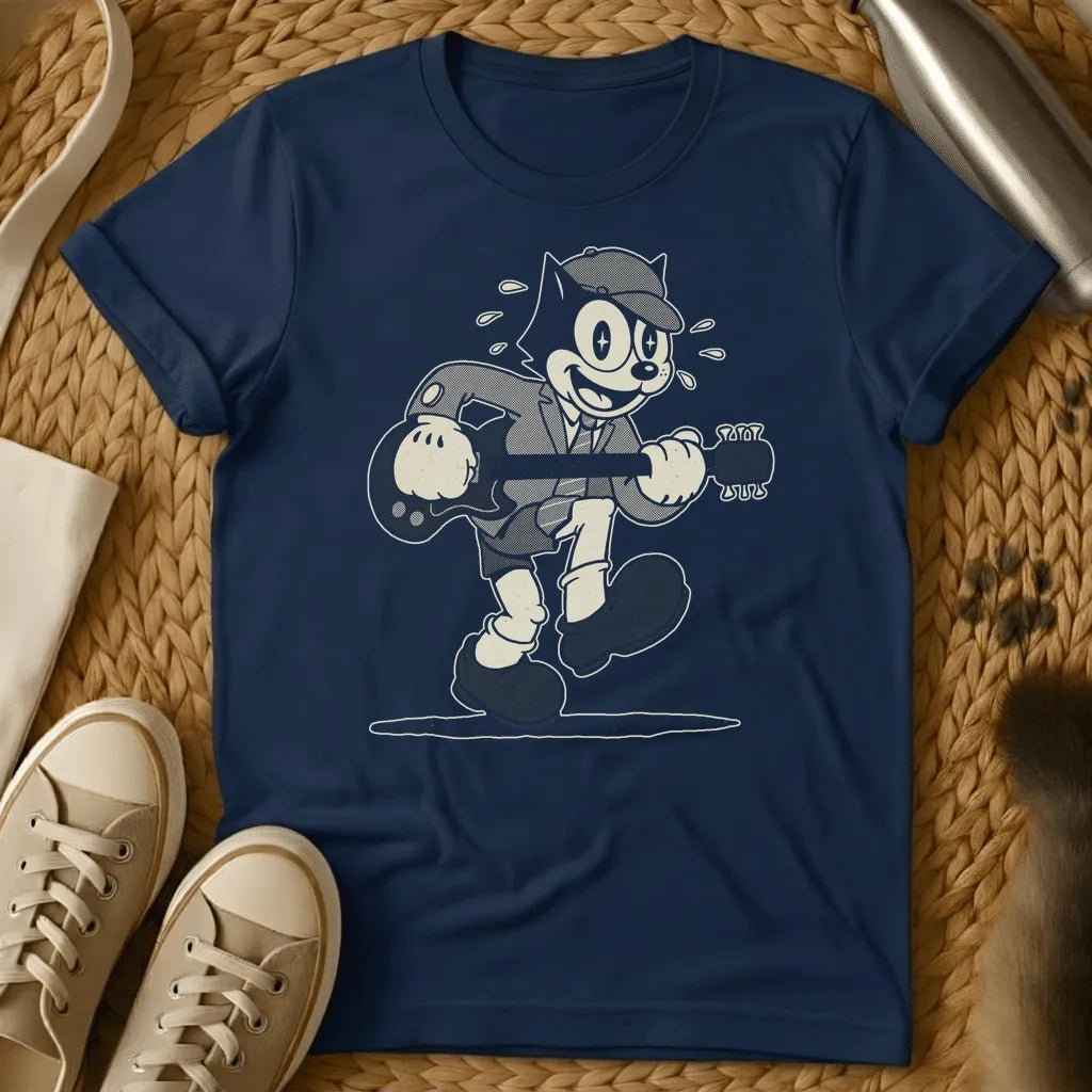 Navy - Dark brown t-shirt with a cream retro 1930s cartoon cat in a newsboy cap and suit playing electric guitar mid-stride