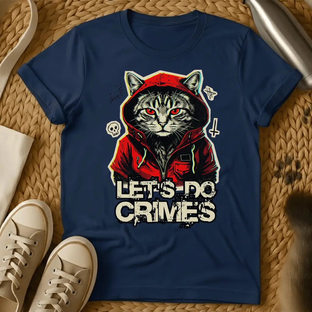 Navy - White t-shirt with a menacing hooded gray tabby cat with red eyes wearing a red hoodie above the words Let's Do Crimes
