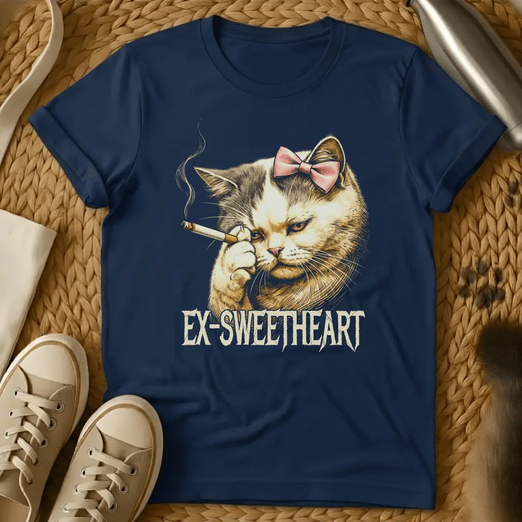 Navy - Gray t-shirt featuring an illustrated cat with a pink bow smoking a cigarette, text reading "EX-SWEETHEART" below.