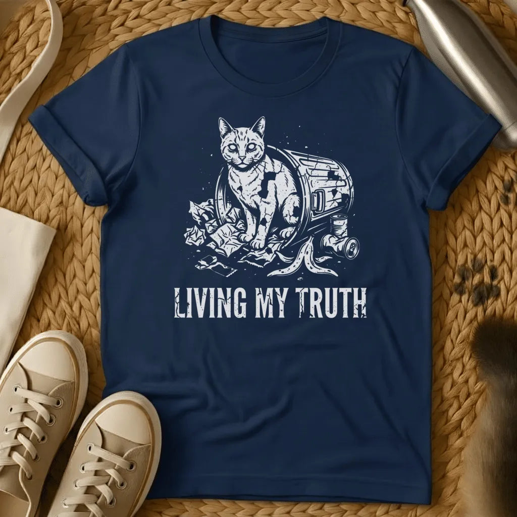 Navy - Dark gray t-shirt featuring a cat in a trash can with "LIVING MY TRUTH" text, illustrated in white line art style.